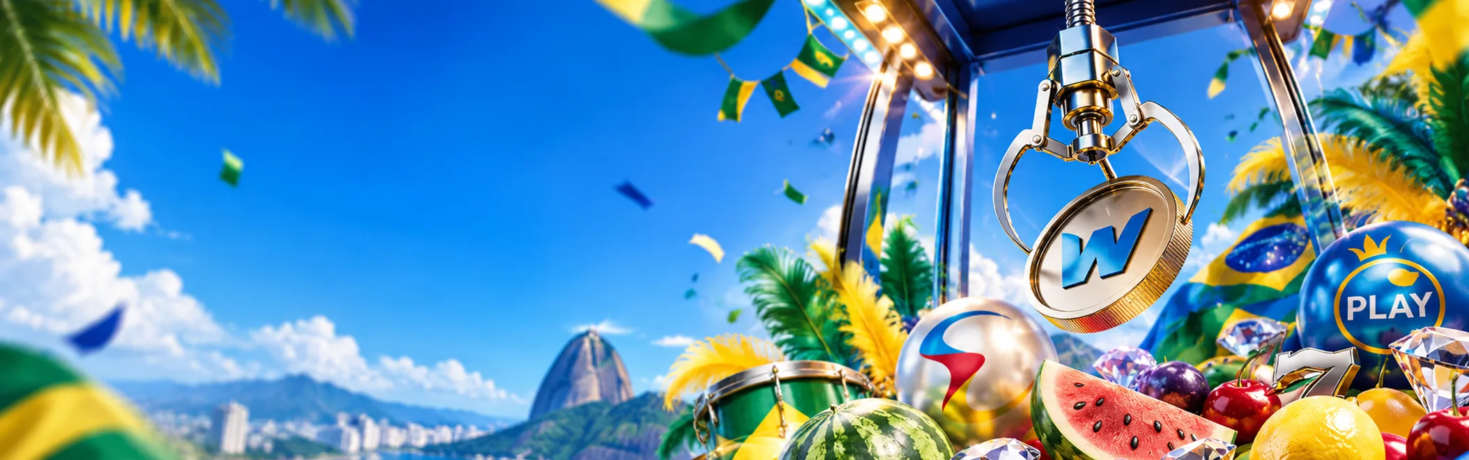 Máquina de garra com moeda Wintomic, frutas de caça-níquel e o Pão de Açúcar ao fundo